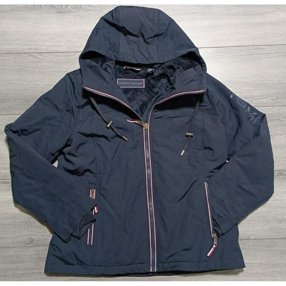 TOMMY HILFIGER Coat Adult Medium Navy Logo Sleeve Hooded Winter Coat Womens